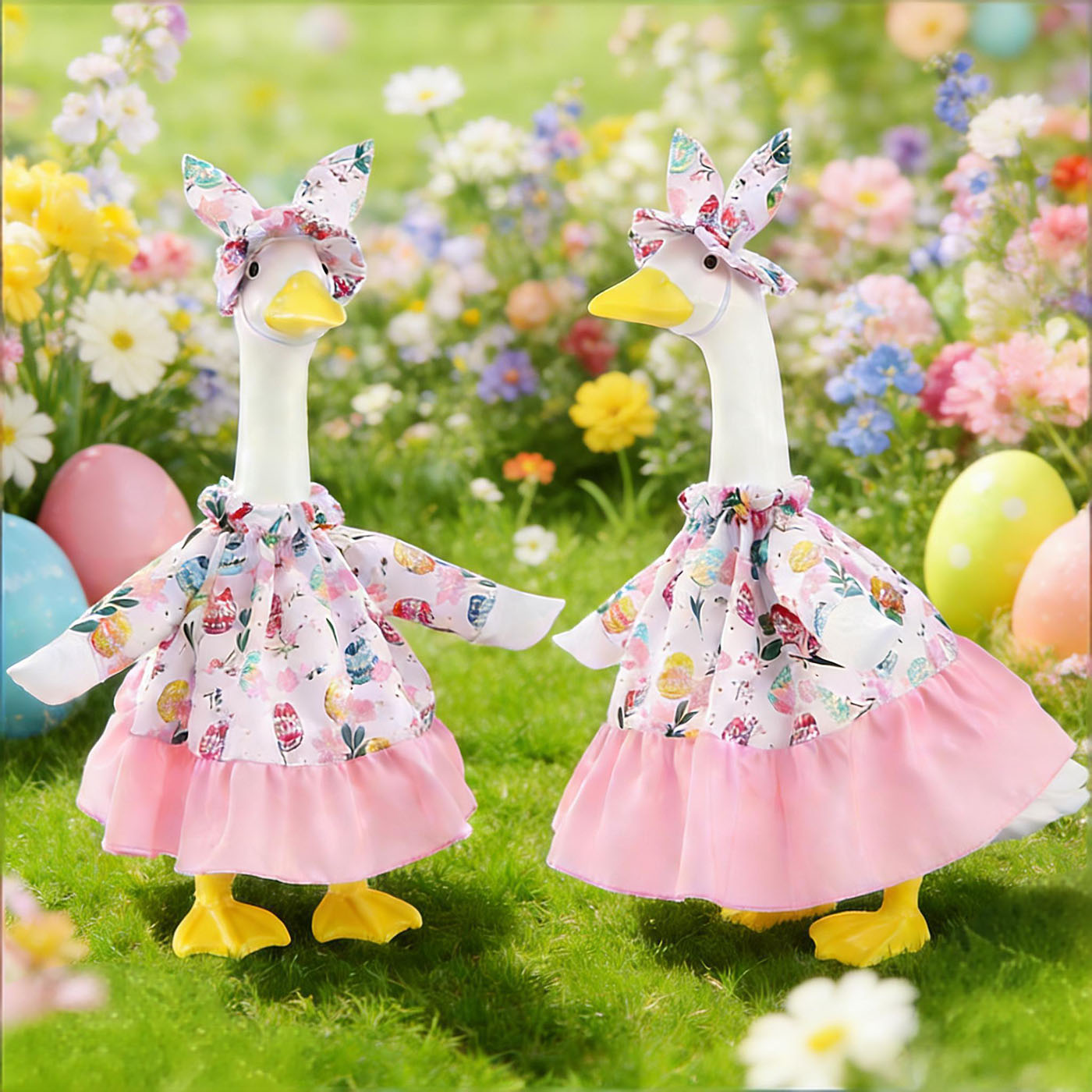 Porch Goose Easter Outfits Goose Clothes with Bunny Hat and Flowers Skirt for 23 inch Cement Plastic Geese Statue, Easter Spring Lawn Garden Decoration 4