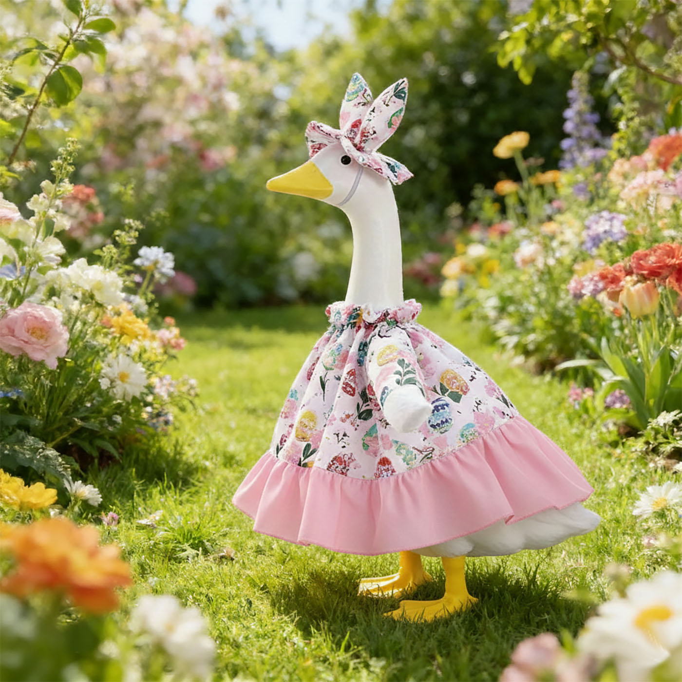 Porch Goose Easter Outfits Goose Clothes with Bunny Hat and Flowers Skirt for 23 inch Cement Plastic Geese Statue, Easter Spring Lawn Garden Decoration 2
