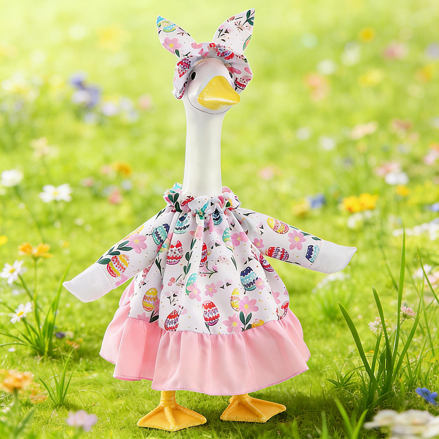 Porch Goose Easter Outfits Goose Clothes with Bunny Hat and Flowers Skirt for 23 inch Cement Plastic Geese Statue, Easter Spring Lawn Garden Decoration 5
