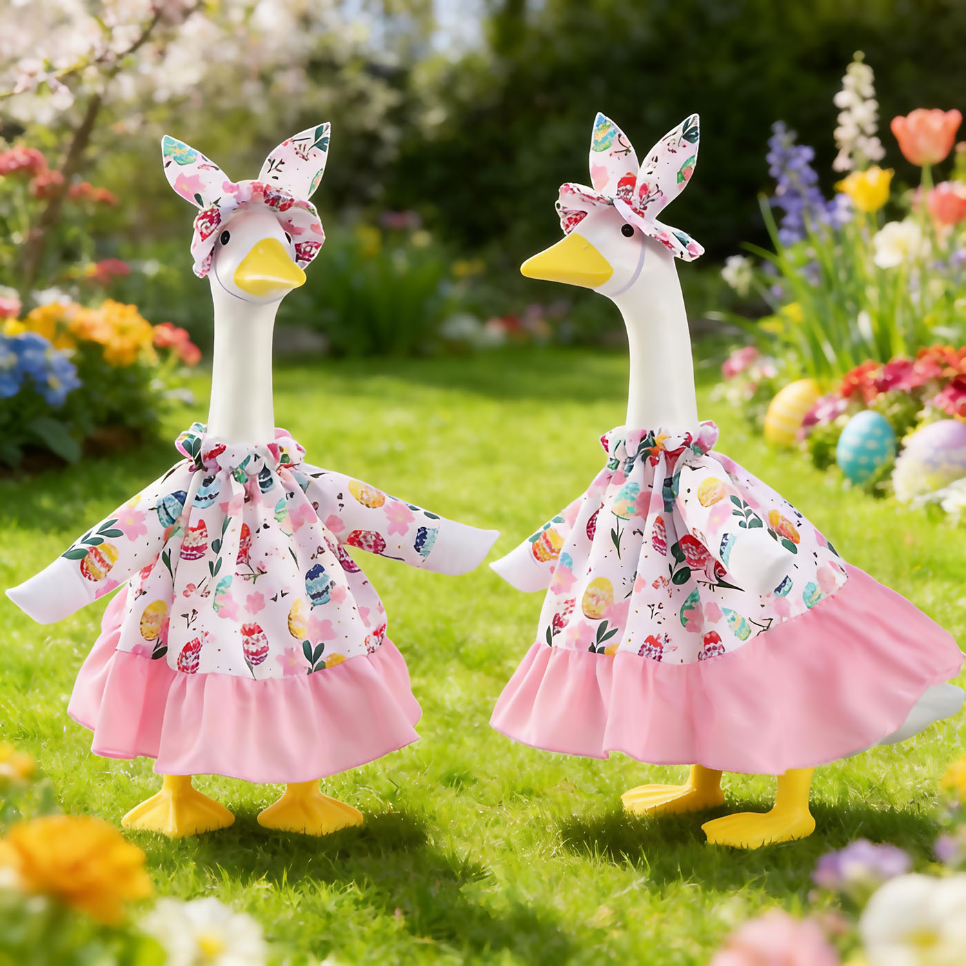 Porch Goose Easter Outfits Goose Clothes with Bunny Hat and Flowers Skirt for 23 inch Cement Plastic Geese Statue, Easter Spring Lawn Garden Decoration 1