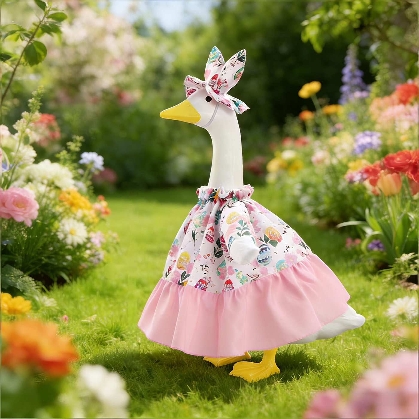 Porch Goose Easter Outfits Goose Clothes with Bunny Hat and Flowers Skirt for 23 inch Cement Plastic Geese Statue, Easter Spring Lawn Garden Decoration 6
