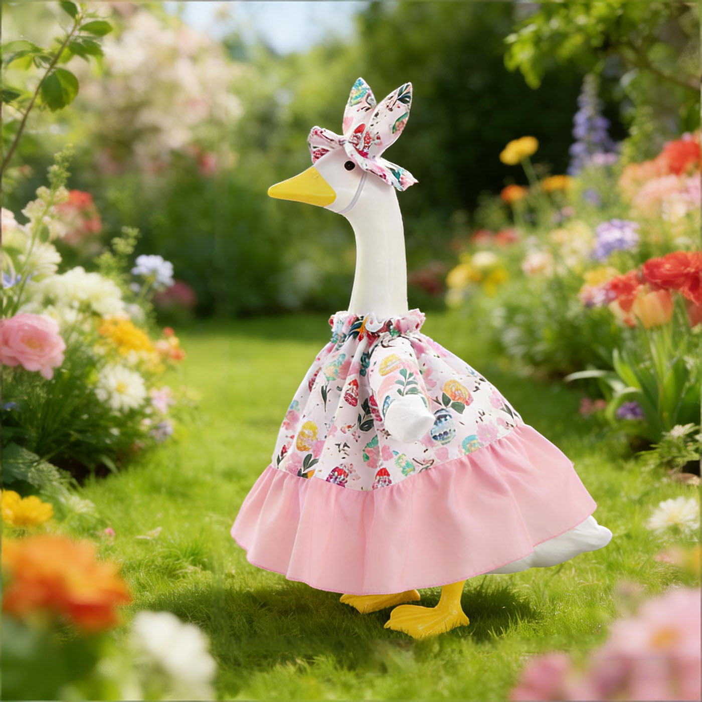 Porch Goose Easter Outfits Goose Clothes with Bunny Hat and Flowers Skirt for 23 inch Cement Plastic Geese Statue, Easter Spring Lawn Garden Decoration 3