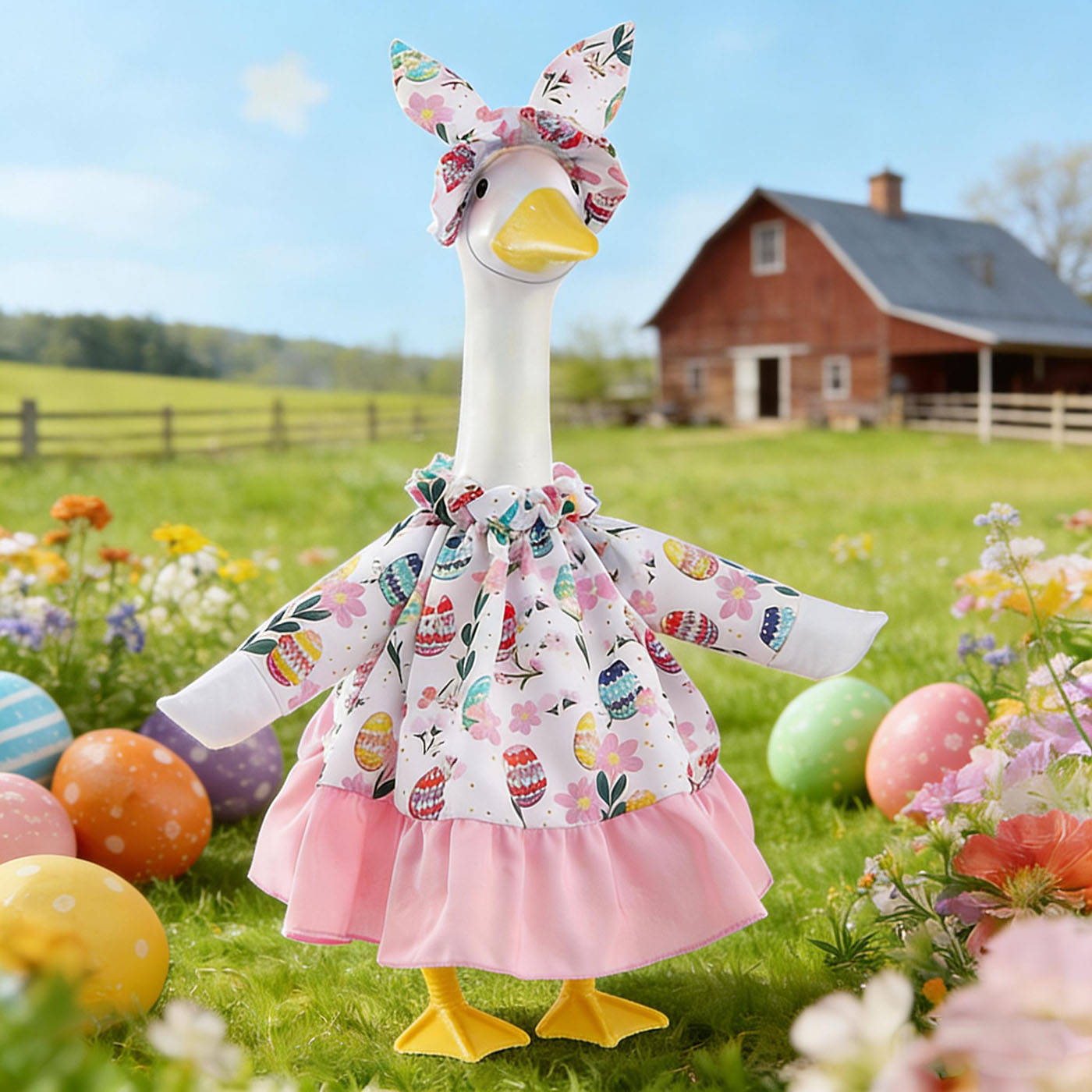 Porch Goose Easter Outfits Goose Clothes with Bunny Hat and Flowers Skirt for 23 inch Cement Plastic Geese Statue, Easter Spring Lawn Garden Decoration