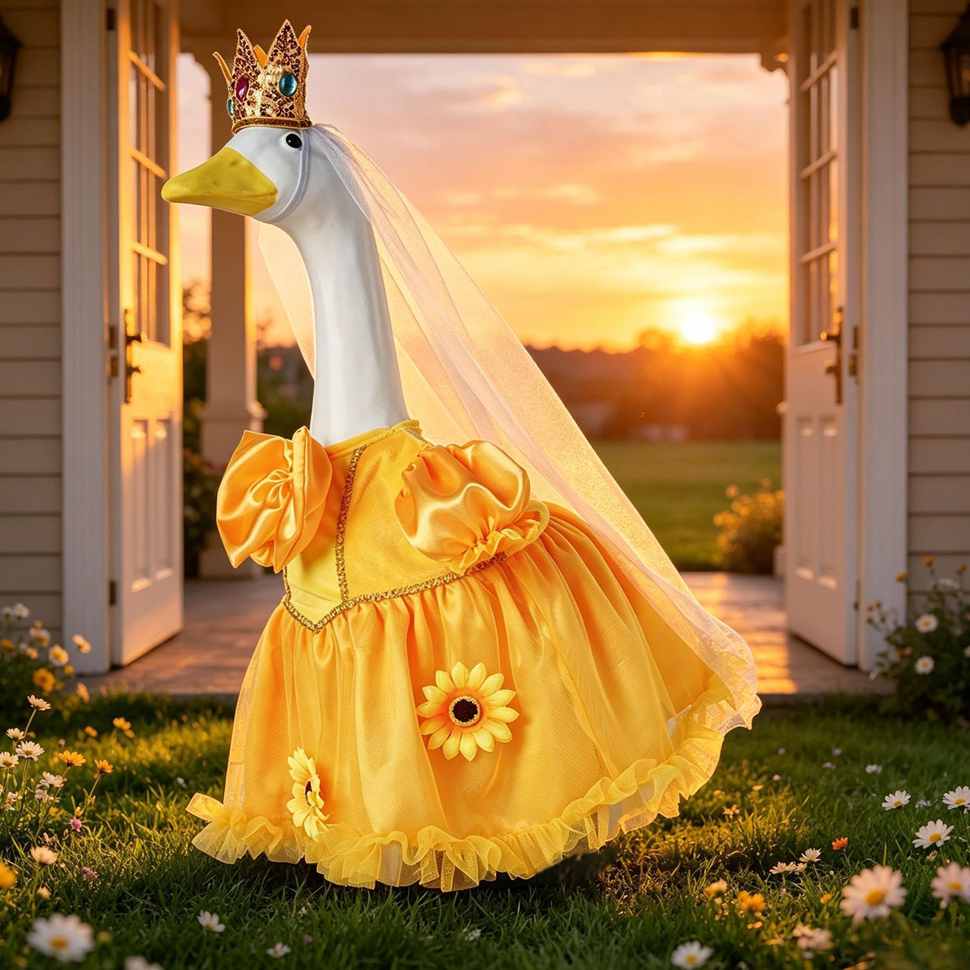 Princess Porch Goose Outfits for 23 inch Cement Statue Sunflower Goose Skirt with Crown Veil for Party Wedding Yard Garden Outdoor Decor 2