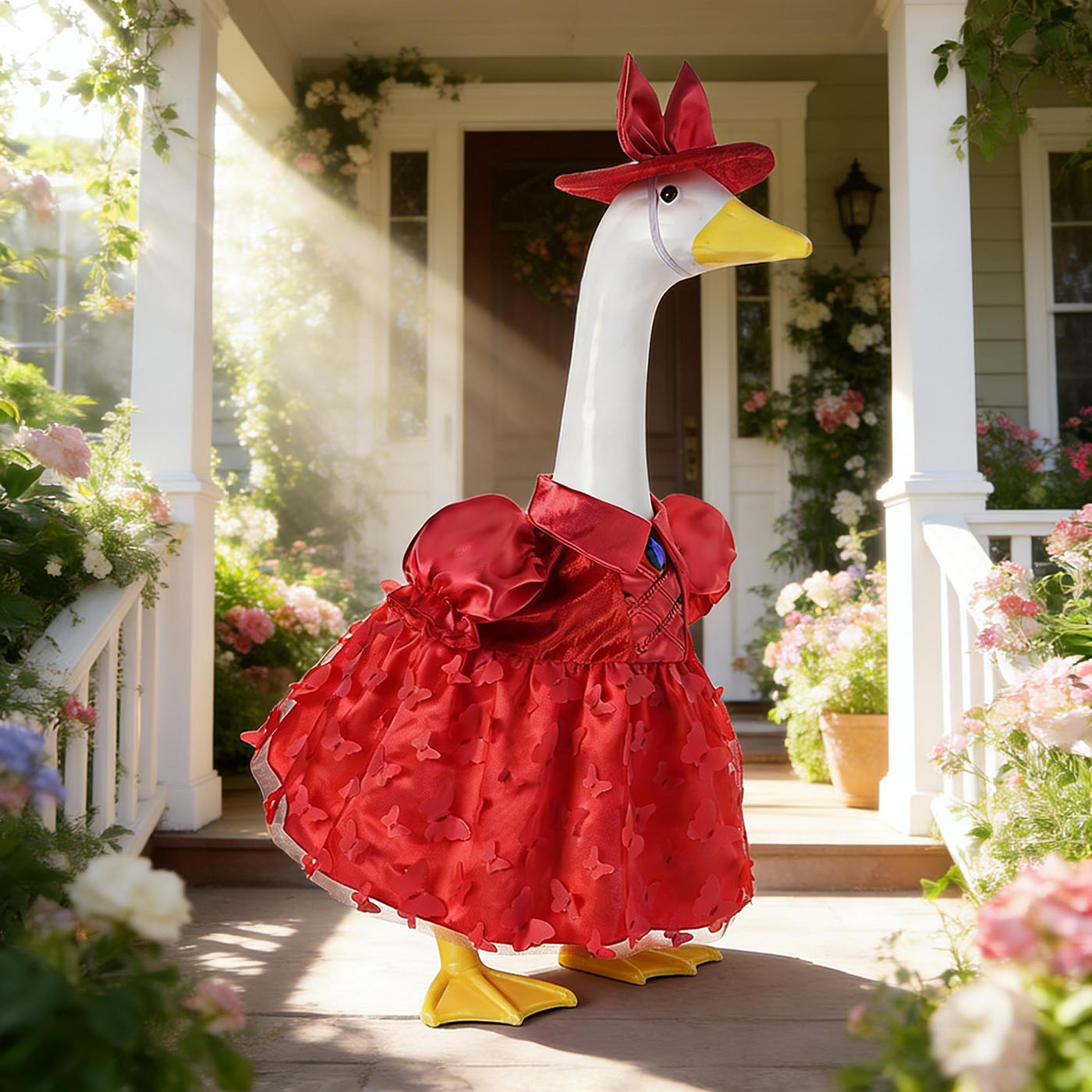 Porch Goose Summer Outfit for 23 inch Cement Statue Goose Costume with Butterfly Mesh Skirt for Summer Party Yard Garden Outdoor Decor 3