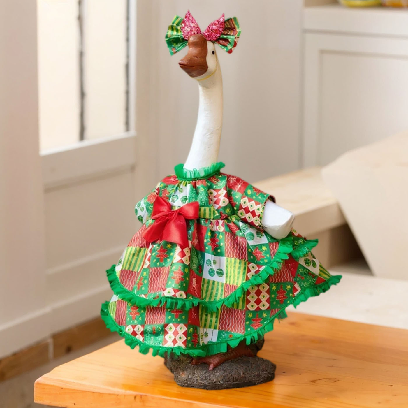Christmas Porch Goose Outfits for 23'' Cement Plastic Statue Christmas Goose Clothes Set Cute Skirt and Bow Hair, Decorations for Garden Yard Patio 3