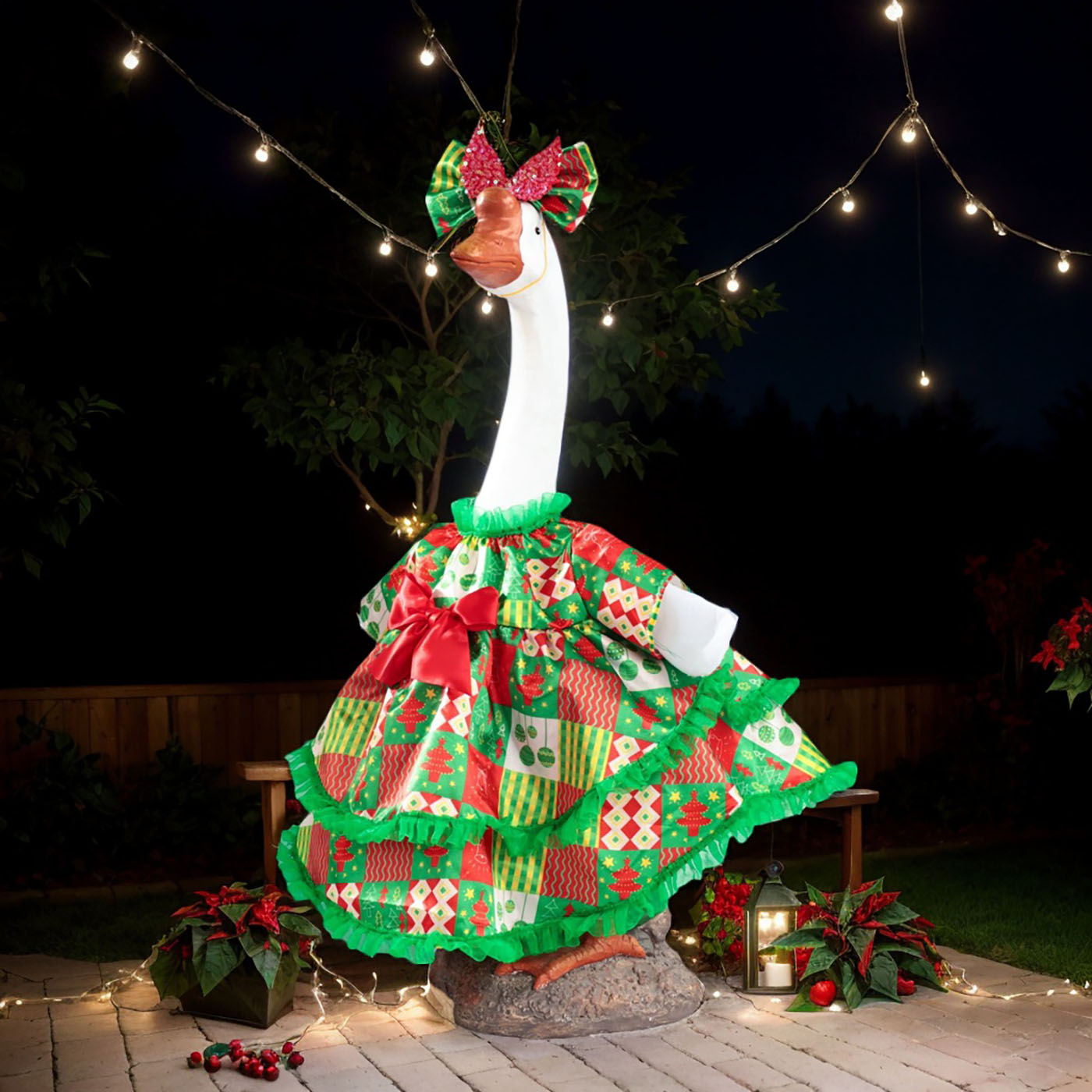 Christmas Porch Goose Outfits for 23'' Cement Plastic Statue Christmas Goose Clothes Set Cute Skirt and Bow Hair, Decorations for Garden Yard Patio 