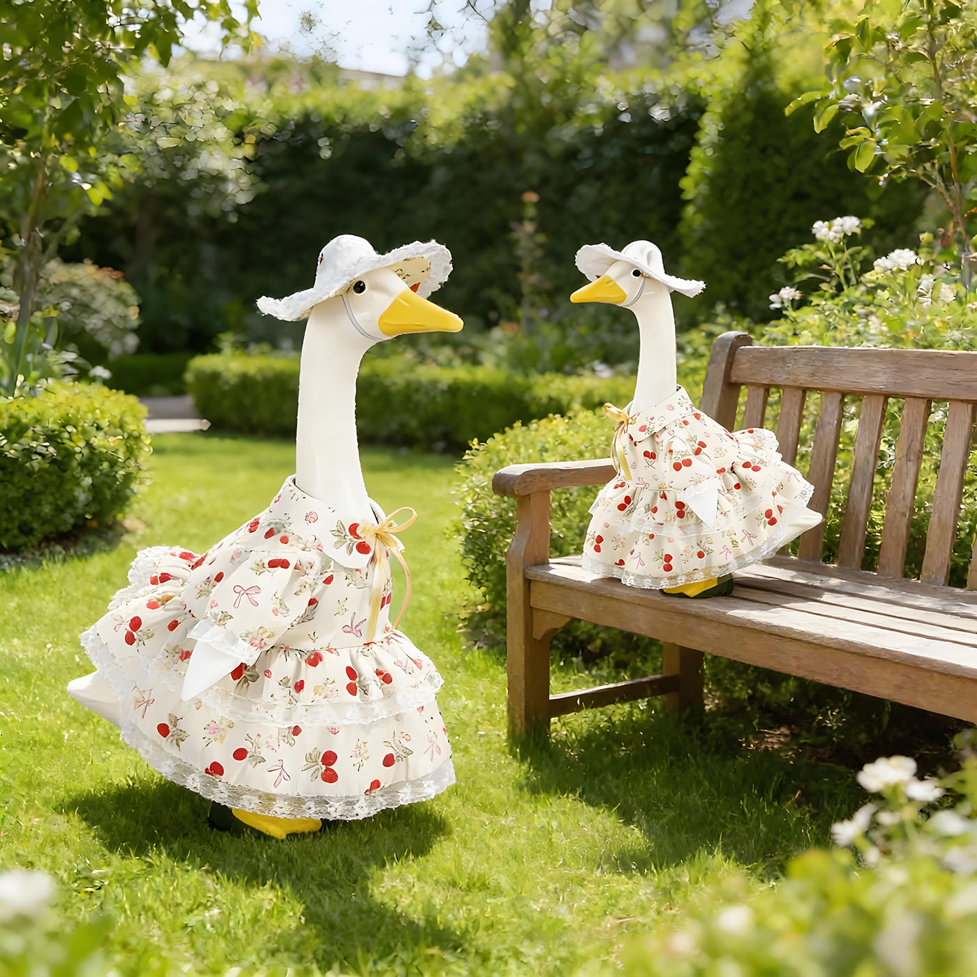 Strawberry Porch Goose Outfits, Goose Clothes for 23 inch Concrete Statue with Cute Fruit Skirt and Hat, Lawn Yard Garden Geese Costume 5
