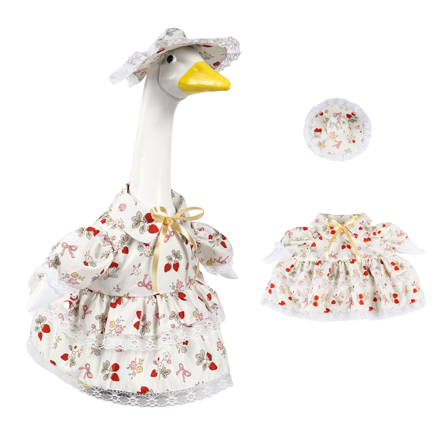 Strawberry Porch Goose Outfits, Goose Clothes for 23 inch Concrete Statue with Cute Fruit Skirt and Hat, Lawn Yard Garden Geese Costume