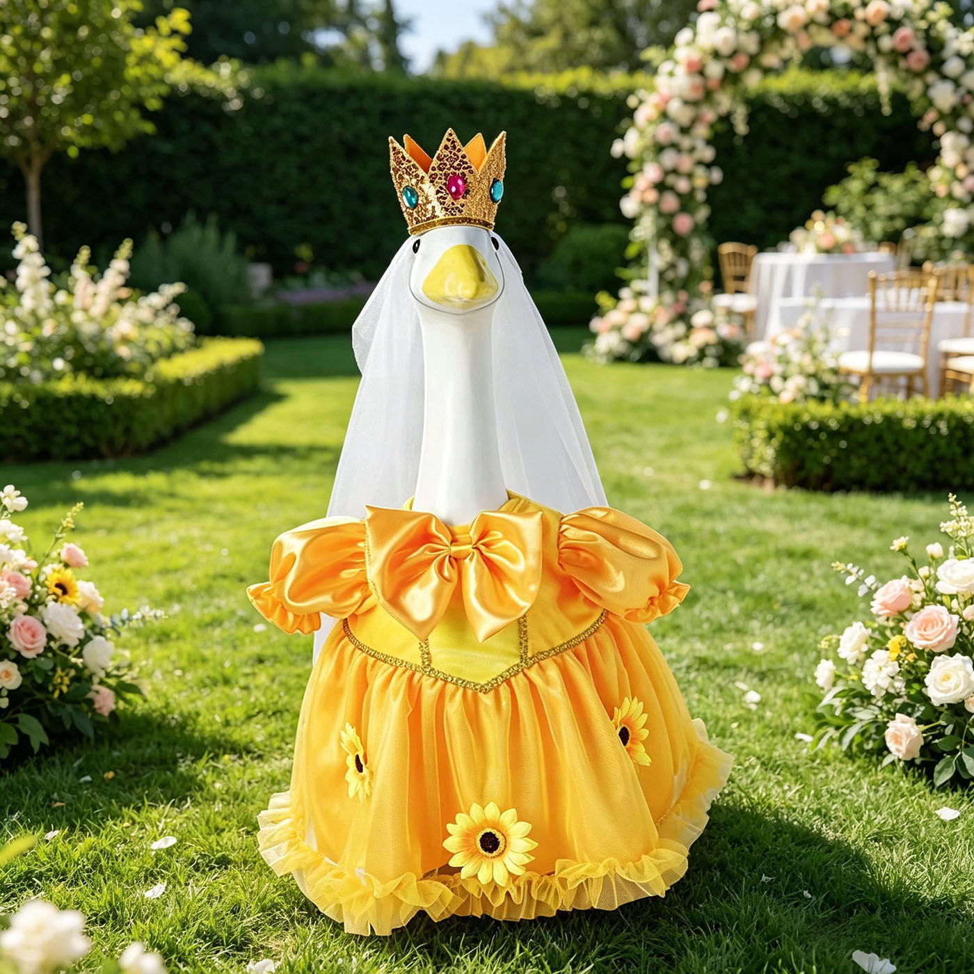 Princess Porch Goose Outfits for 23 inch Cement Statue Sunflower Goose Skirt with Crown Veil for Party Wedding Yard Garden Outdoor Decor 4