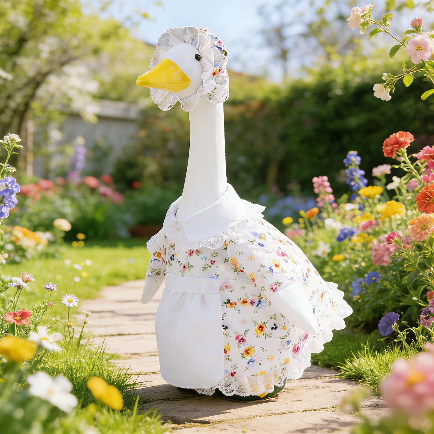 Spring Floral Porch Goose Outfit with Flower Hat and Skirt, Clothes for 23 Inch Cement or Plastic Goose Statue, Lawn Yard Garden Decoration 5