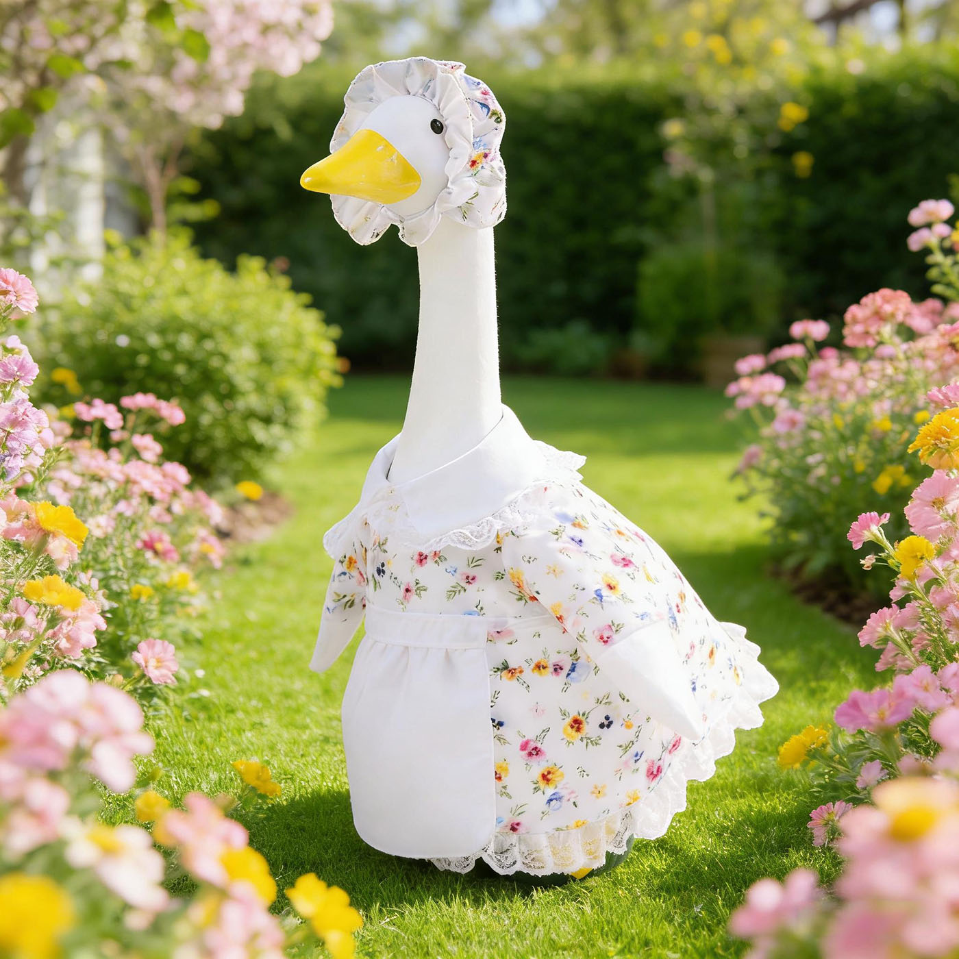 Spring Floral Porch Goose Outfit with Flower Hat and Skirt, Clothes for 23 Inch Cement or Plastic Goose Statue, Lawn Yard Garden Decoration 4