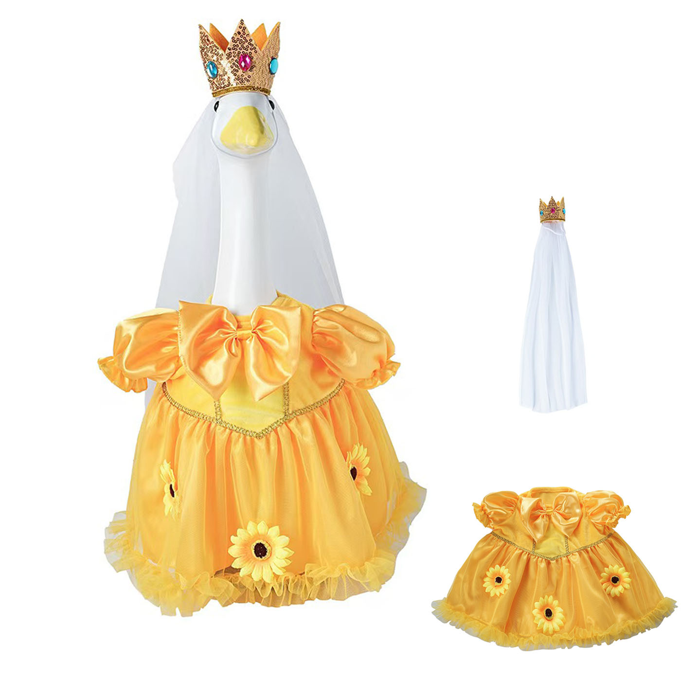 Princess Porch Goose Outfits for 23 inch Cement Statue Sunflower Goose Skirt with Crown Veil for Party Wedding Yard Garden Outdoor Decor