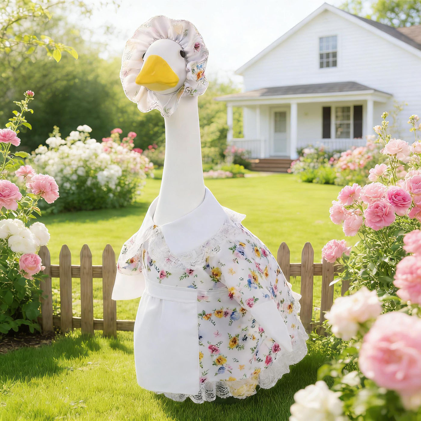 Spring Floral Porch Goose Outfit with Flower Hat and Skirt, Clothes for 23 Inch Cement or Plastic Goose Statue, Lawn Yard Garden Decoration 1