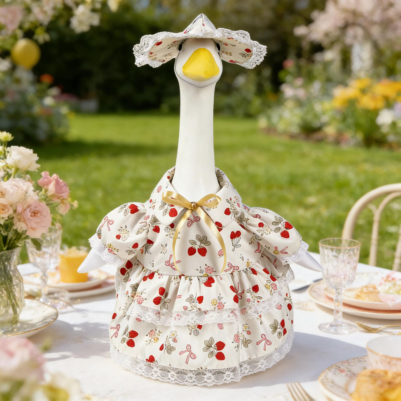 Strawberry Porch Goose Outfits, Goose Clothes for 23 inch Concrete Statue with Cute Fruit Skirt and Hat, Lawn Yard Garden Geese Costume 1
