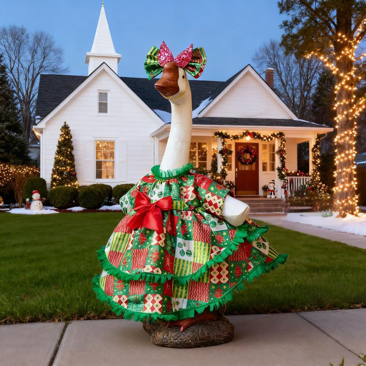 Christmas Porch Goose Outfits for 23'' Cement Plastic Statue Christmas Goose Clothes Set Cute Skirt and Bow Hair, Decorations for Garden Yard Patio