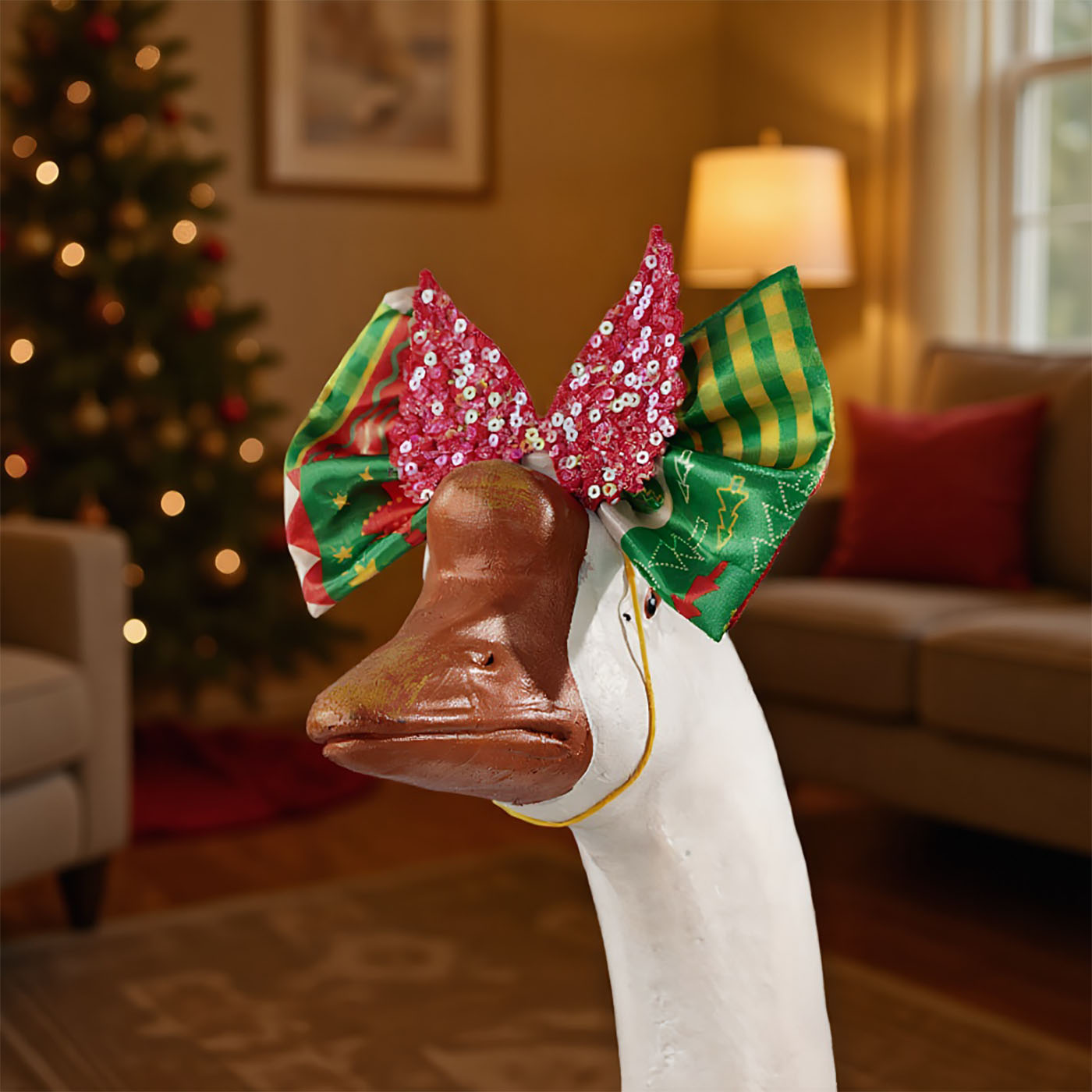 Christmas Porch Goose Outfits for 23'' Cement Plastic Statue Christmas Goose Clothes Set Cute Skirt and Bow Hair, Decorations for Garden Yard Patio 4