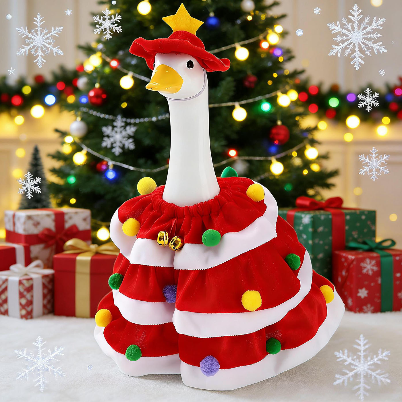 2 Set Christmas Porch Goose Outfits with Christmas Dress and Hat, Lawn Goose Clothes for 23'' & 17'' Cement Outdoor Statue Decorations for Garden Yard Patio 4