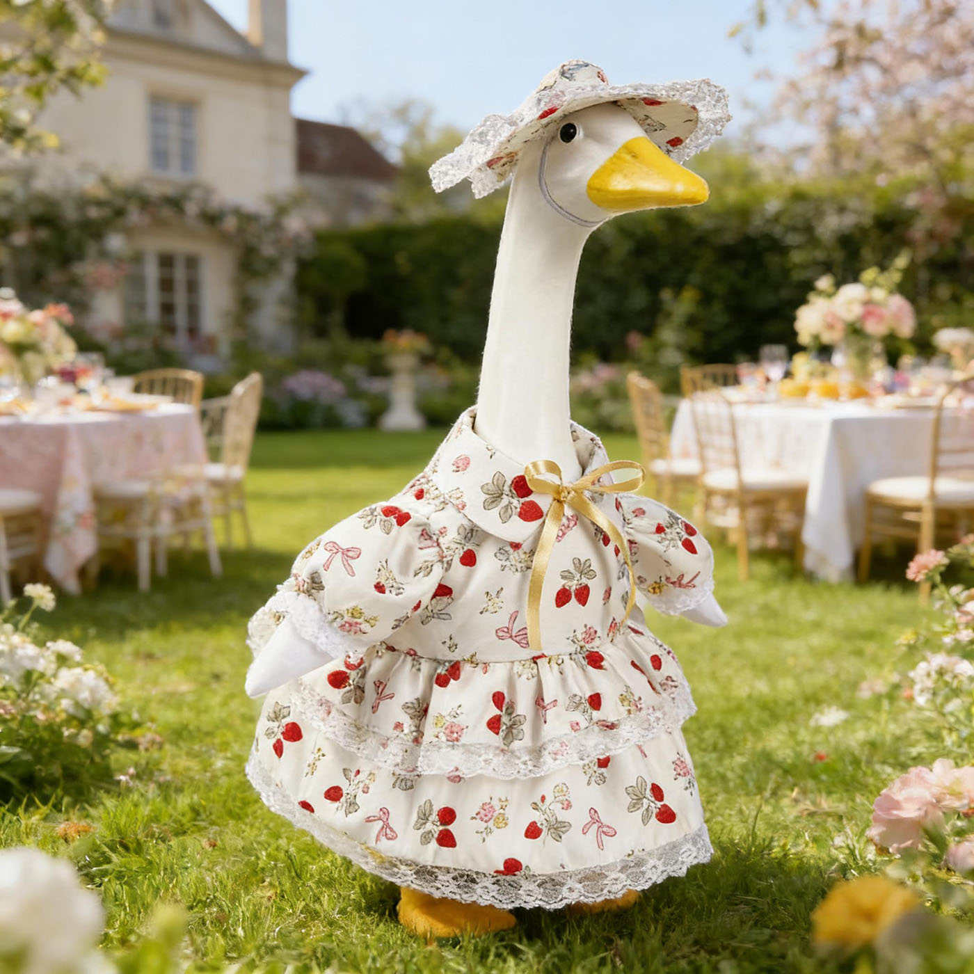 Strawberry Porch Goose Outfits, Goose Clothes for 23 inch Concrete Statue with Cute Fruit Skirt and Hat, Lawn Yard Garden Geese Costume 5