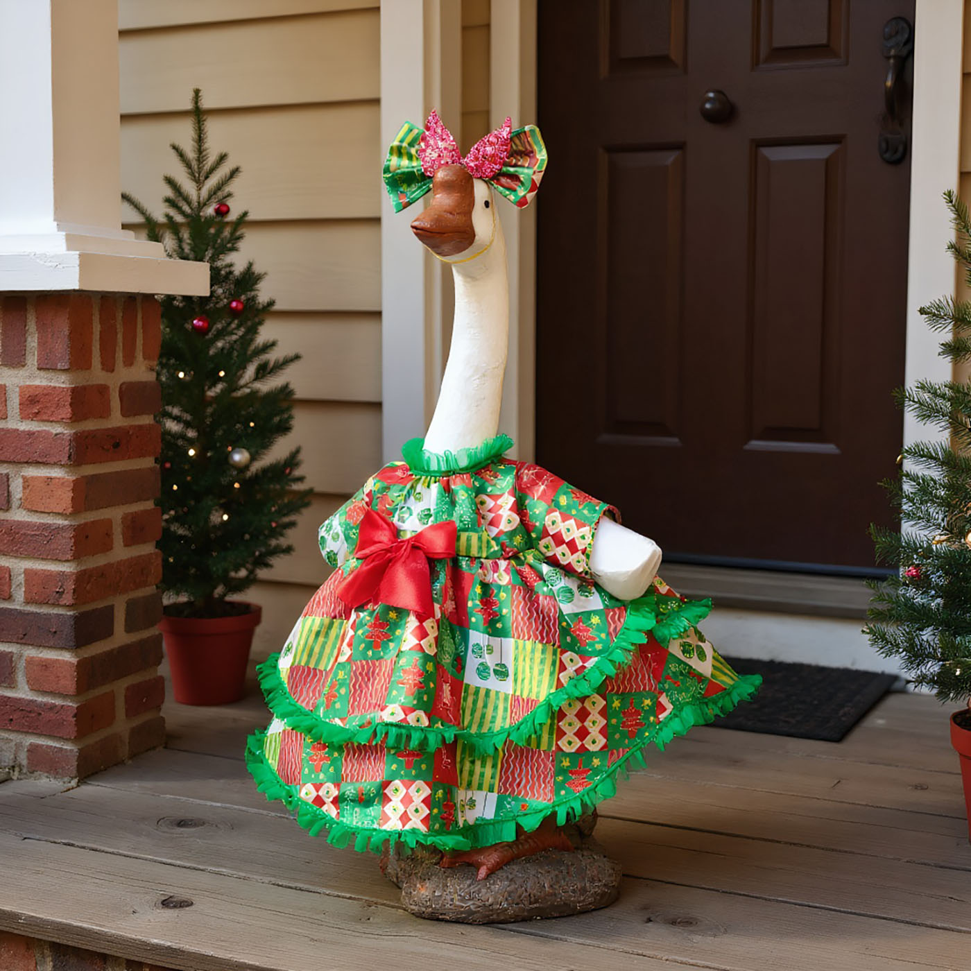 Christmas Porch Goose Outfits for 23'' Cement Plastic Statue Christmas Goose Clothes Set Cute Skirt and Bow Hair, Decorations for Garden Yard Patio 1