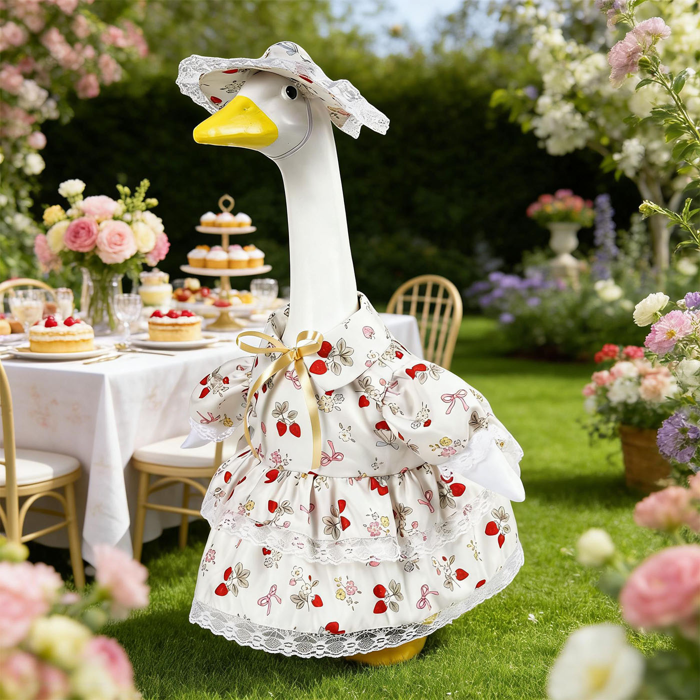 Strawberry Porch Goose Outfits, Goose Clothes for 23 inch Concrete Statue with Cute Fruit Skirt and Hat, Lawn Yard Garden Geese Costume 2