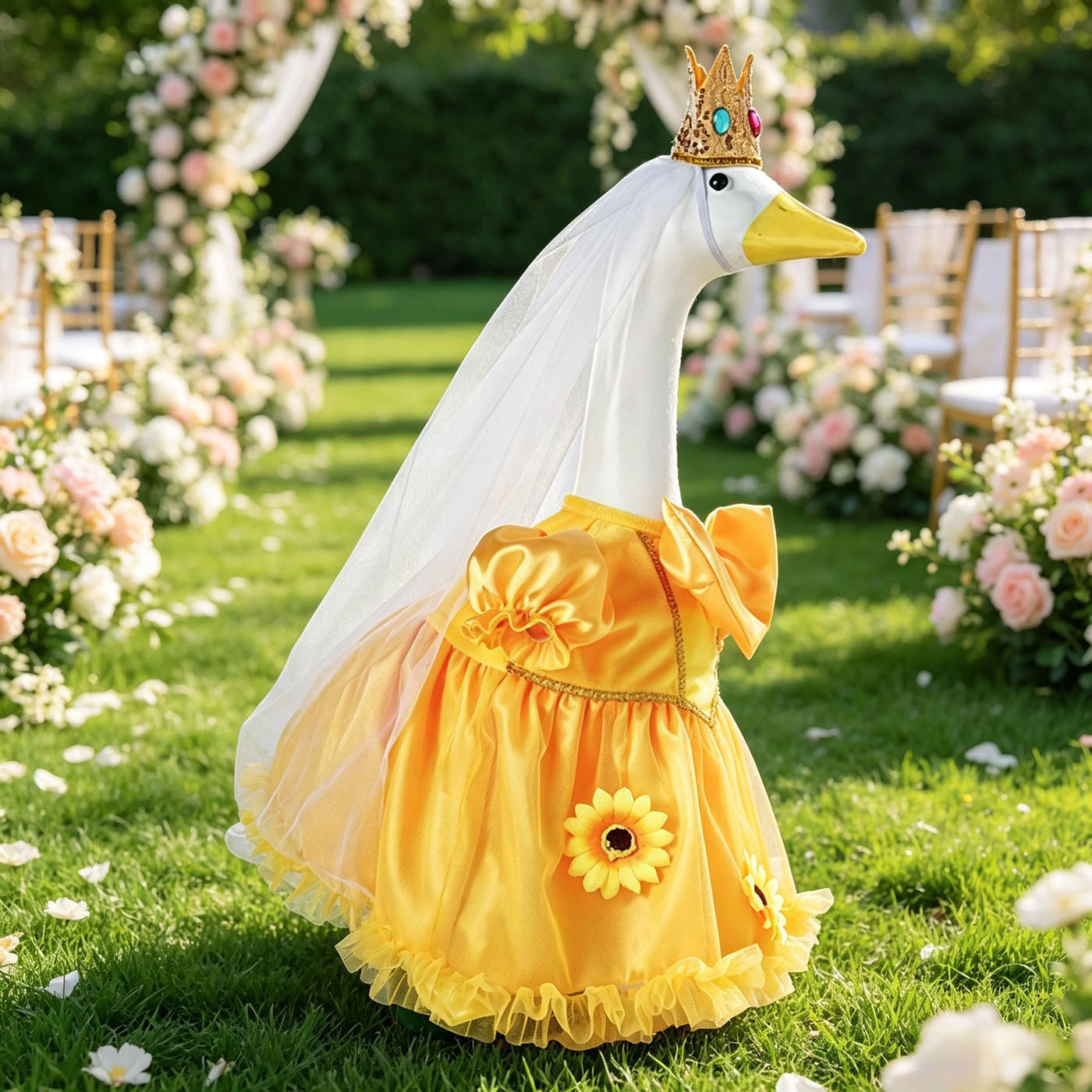 Princess Porch Goose Outfits for 23 inch Cement Statue Sunflower Goose Skirt with Crown Veil for Party Wedding Yard Garden Outdoor Decor 3