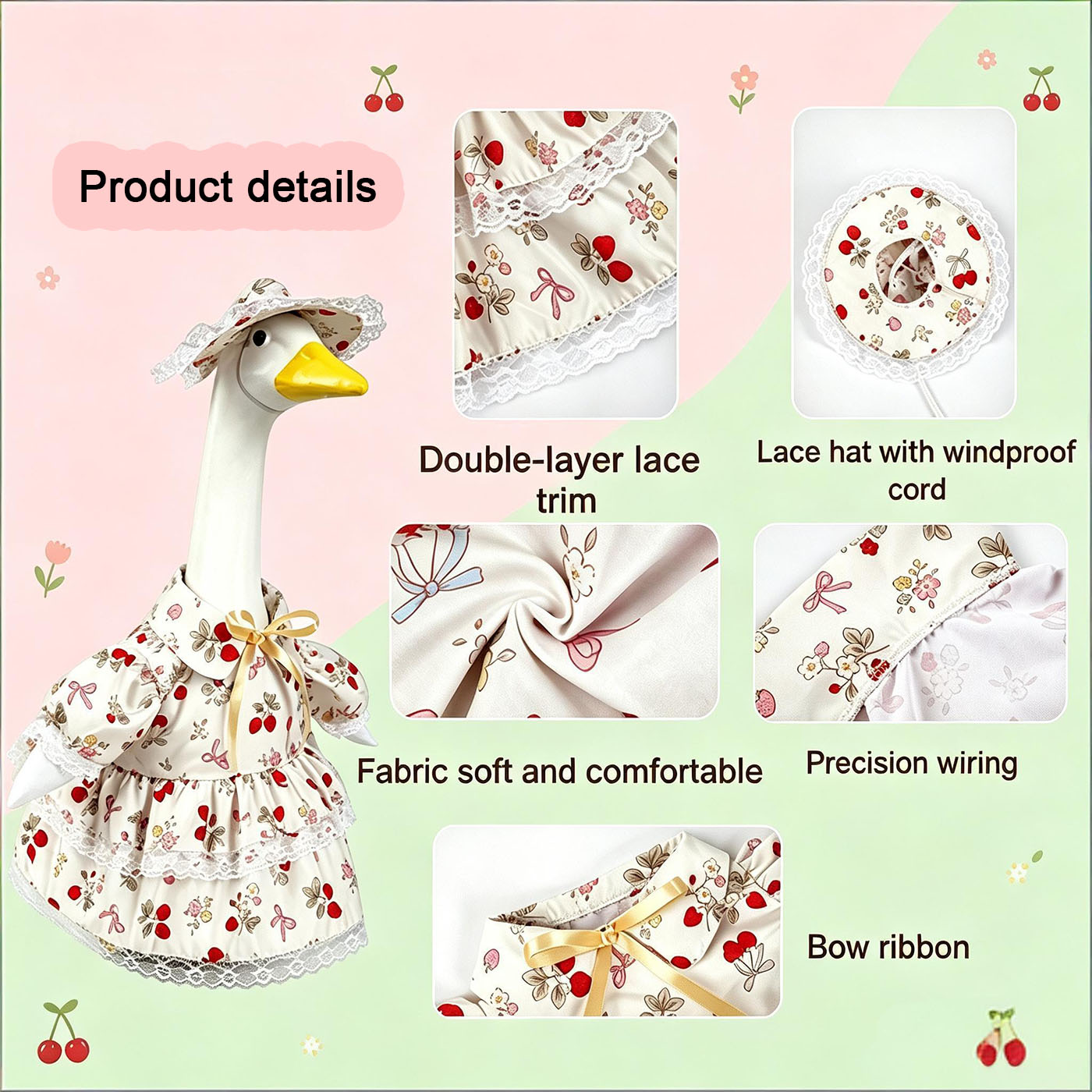 Strawberry Porch Goose Outfits, Goose Clothes for 23 inch Concrete Statue with Cute Fruit Skirt and Hat, Lawn Yard Garden Geese Costume 