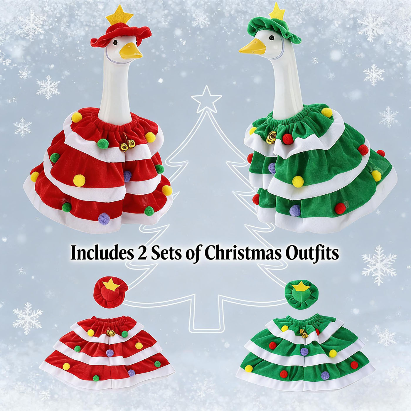 2 Set Christmas Porch Goose Outfits with Christmas Dress and Hat, Lawn Goose Clothes for 23'' & 17'' Cement Outdoor Statue Decorations for Garden Yard Patio 