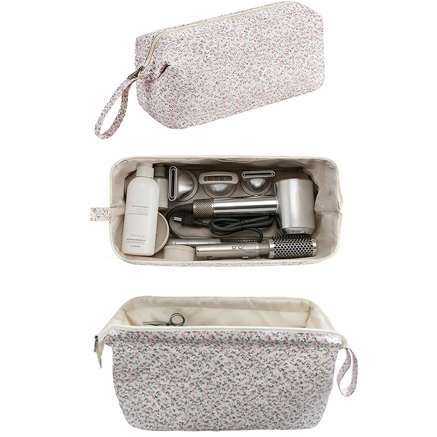Quilted Hair Tools Travel Bag Hair Styling Tools Organizer with Floral Pattern Compatible with Shark FlexStyle Dyson Revlon Hair Dryer, Storage Case for Makeup Curling Iron Hair Tools