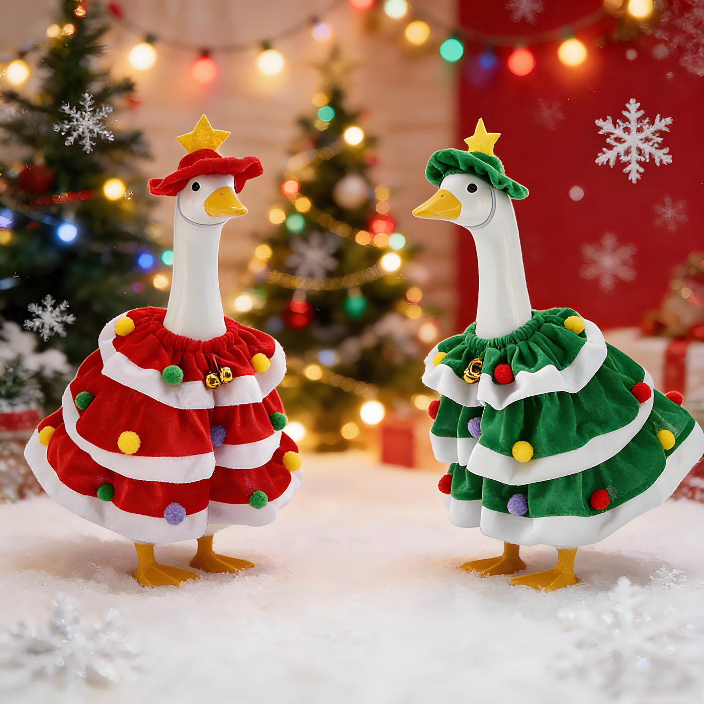 2 Set Christmas Porch Goose Outfits with Christmas Dress and Hat, Lawn Goose Clothes for 23'' & 17'' Cement Outdoor Statue Decorations for Garden Yard Patio