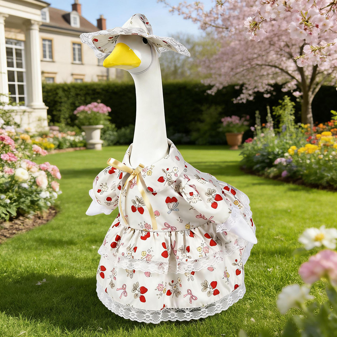 Strawberry Porch Goose Outfits, Goose Clothes for 23 inch Concrete Statue with Cute Fruit Skirt and Hat, Lawn Yard Garden Geese Costume 3
