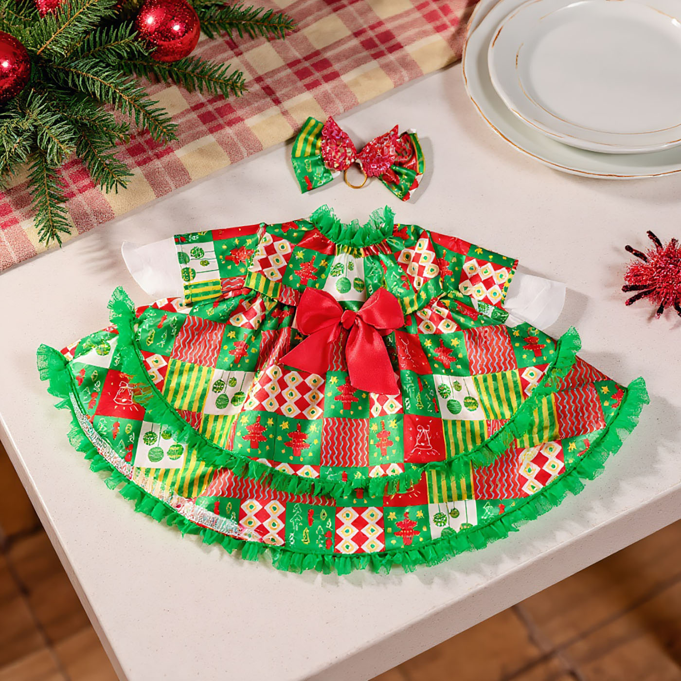 Christmas Porch Goose Outfits for 23'' Cement Plastic Statue Christmas Goose Clothes Set Cute Skirt and Bow Hair, Decorations for Garden Yard Patio 2
