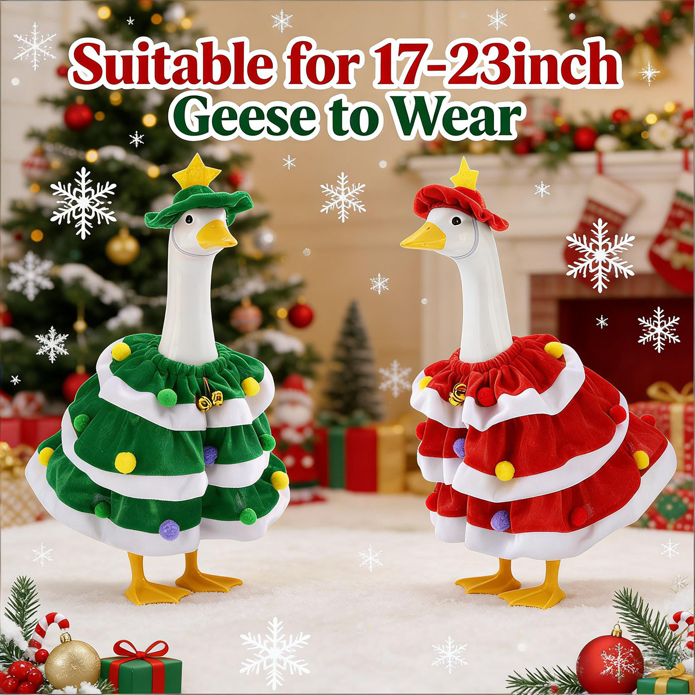 2 Set Christmas Porch Goose Outfits with Christmas Dress and Hat, Lawn Goose Clothes for 23'' & 17'' Cement Outdoor Statue Decorations for Garden Yard Patio 1