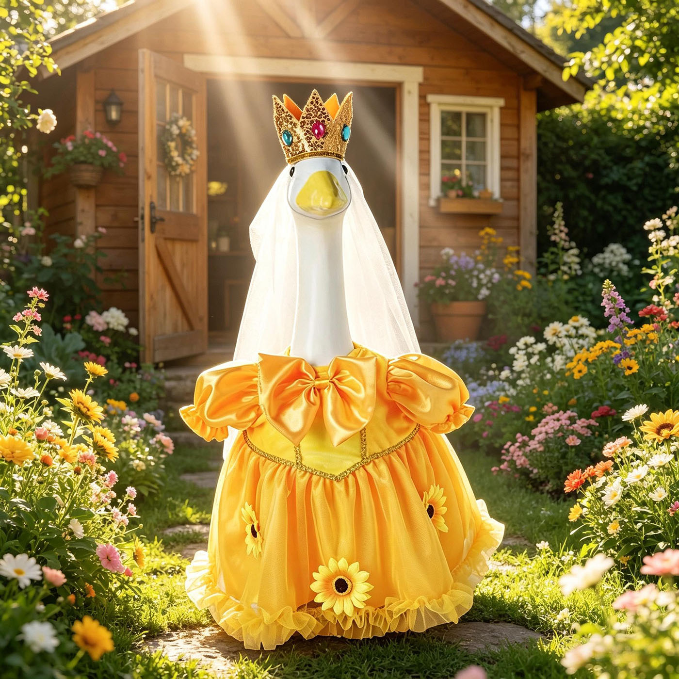 Princess Porch Goose Outfits for 23 inch Cement Statue Sunflower Goose Skirt with Crown Veil for Party Wedding Yard Garden Outdoor Decor 5