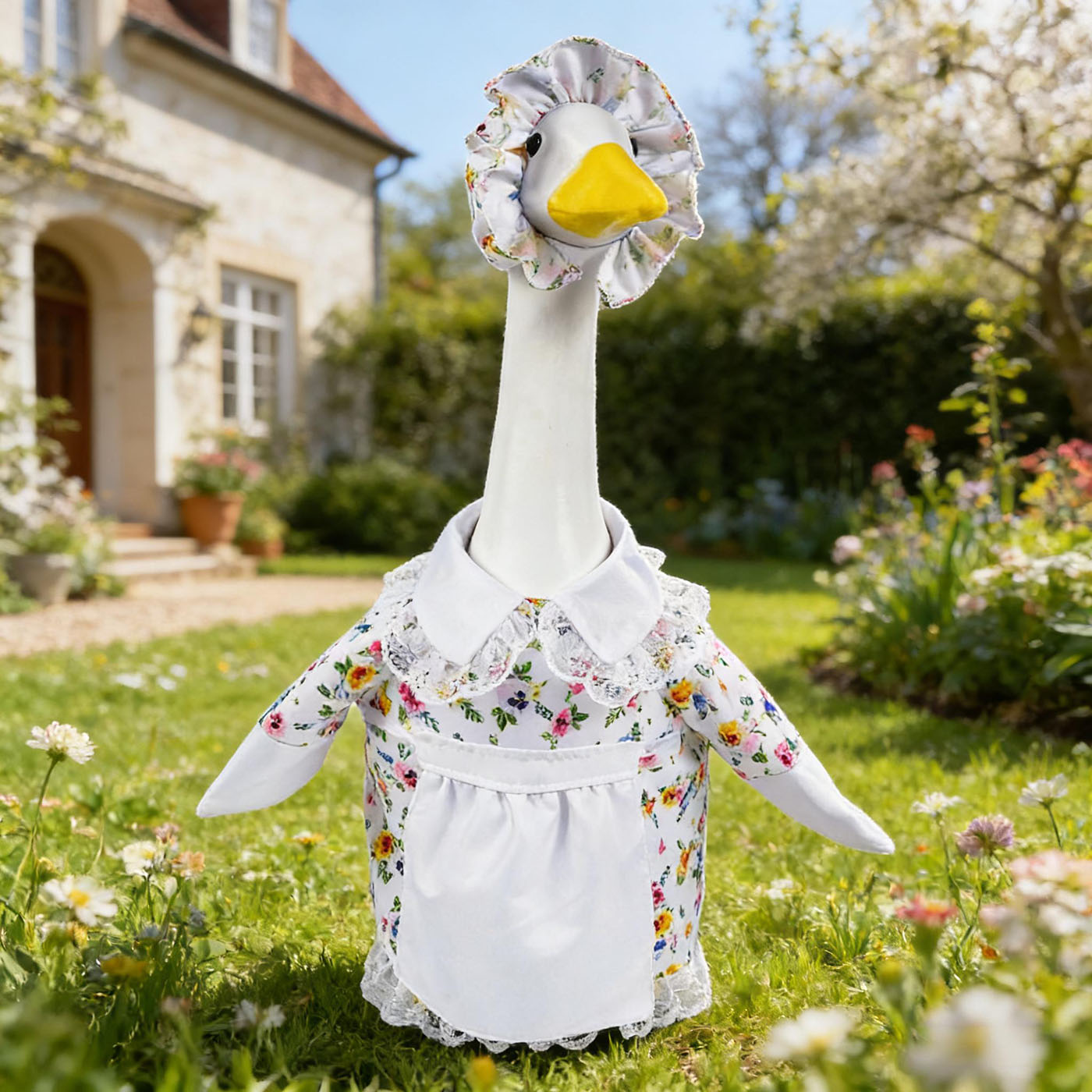 Spring Floral Porch Goose Outfit with Flower Hat and Skirt, Clothes for 23 Inch Cement or Plastic Goose Statue, Lawn Yard Garden Decoration 2