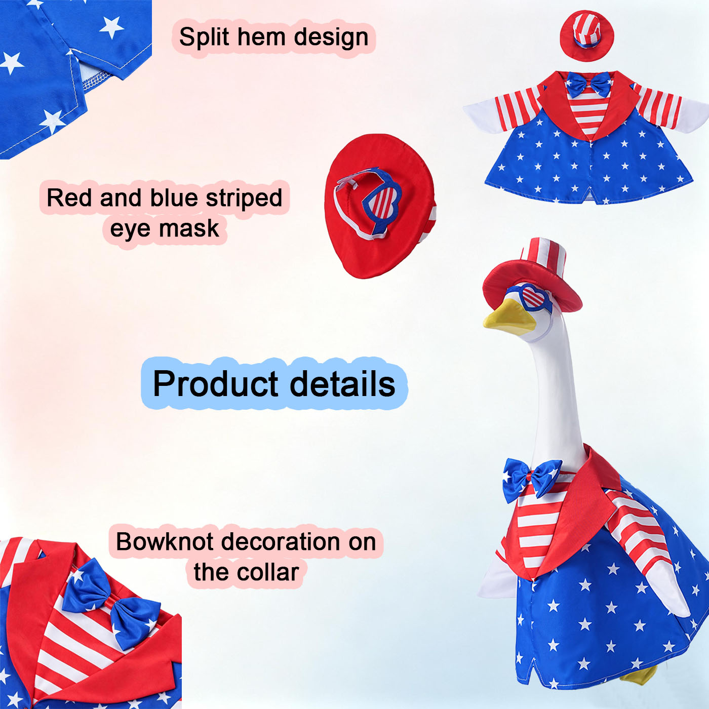 4th of July Porch Goose Outfits, Independence Day Goose Clothes for 23 inch Cement Geese Patriotic Clothing 250th Anniversary Celebration for Lawn Yard Decor 1