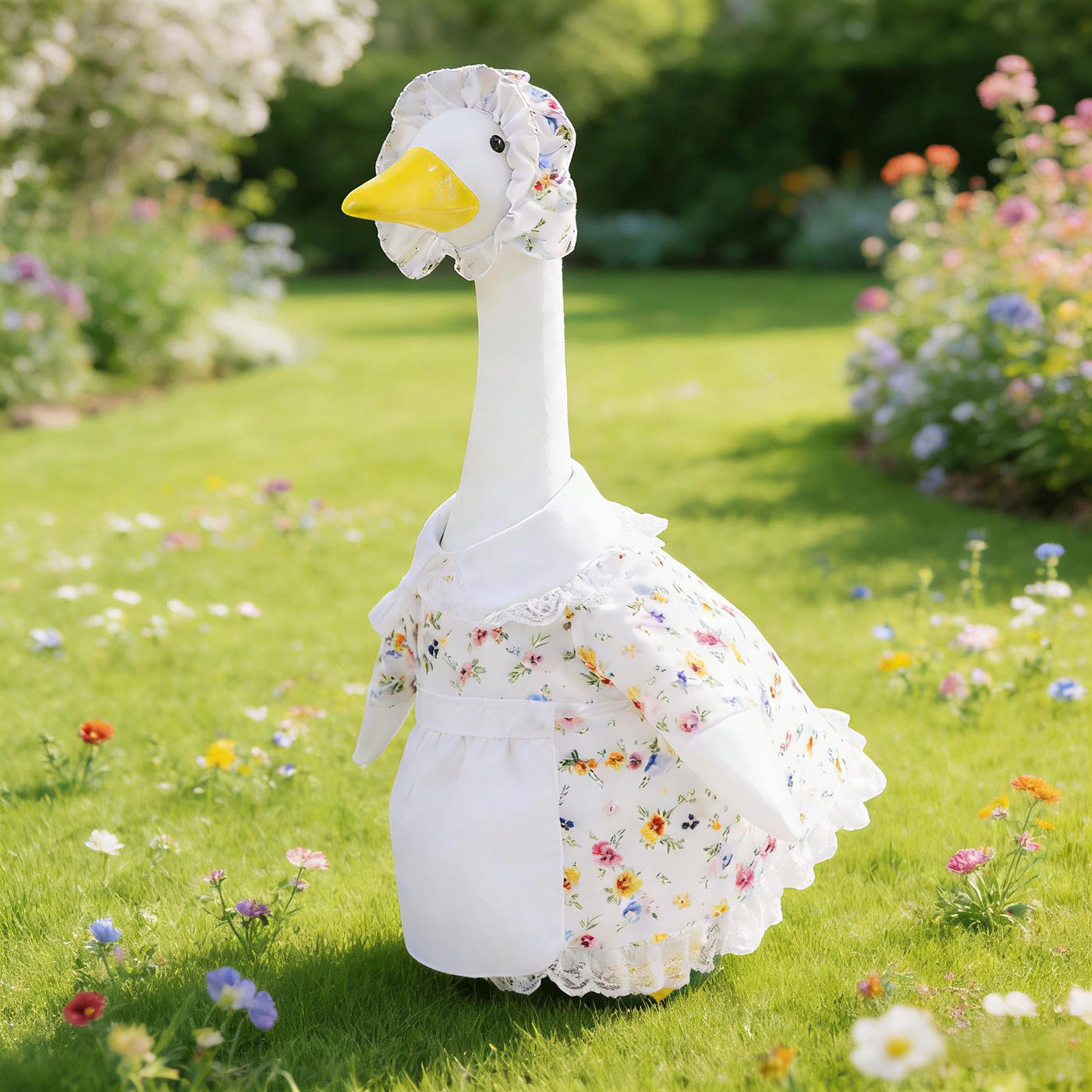 Spring Floral Porch Goose Outfit with Flower Hat and Skirt, Clothes for 23 Inch Cement or Plastic Goose Statue, Lawn Yard Garden Decoration
