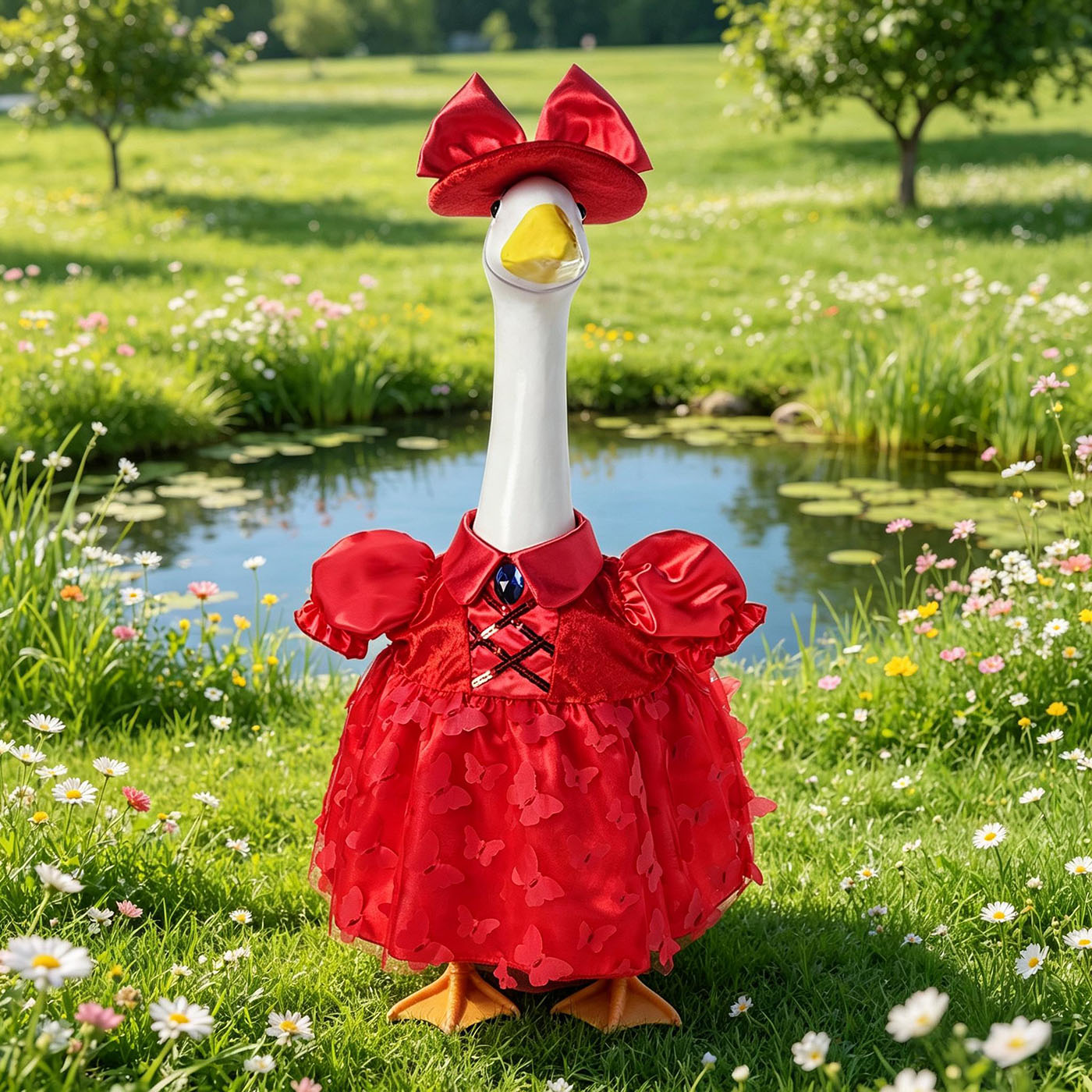 Porch Goose Summer Outfit for 23 inch Cement Statue Goose Costume with Butterfly Mesh Skirt for Summer Party Yard Garden Outdoor Decor 1