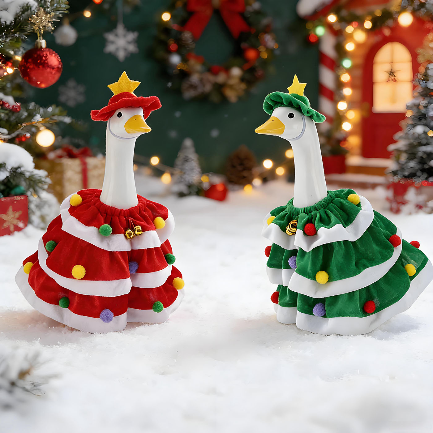 2 Set Christmas Porch Goose Outfits with Christmas Dress and Hat, Lawn Goose Clothes for 23'' & 17'' Cement Outdoor Statue Decorations for Garden Yard Patio 2
