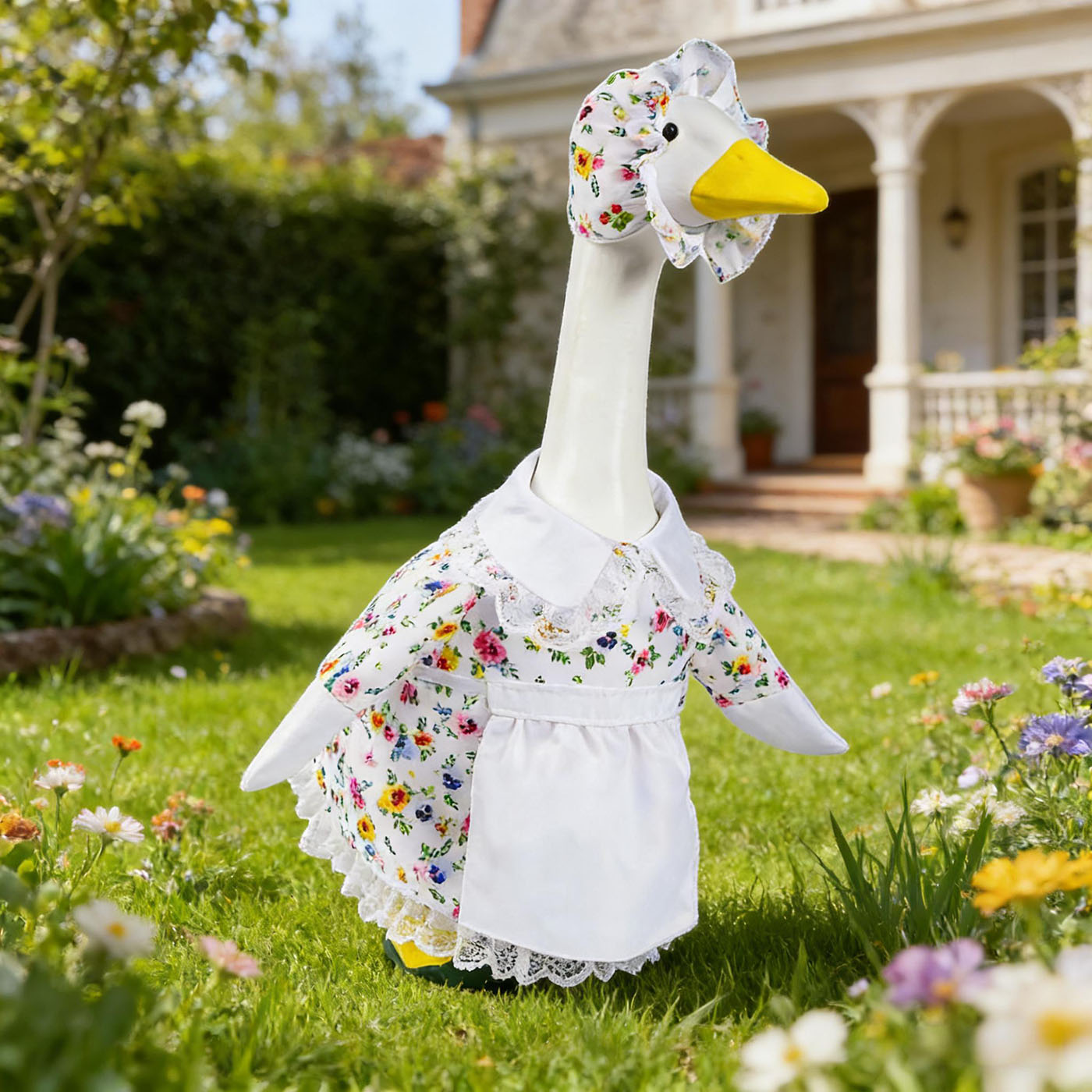 Spring Floral Porch Goose Outfit with Flower Hat and Skirt, Clothes for 23 Inch Cement or Plastic Goose Statue, Lawn Yard Garden Decoration 3