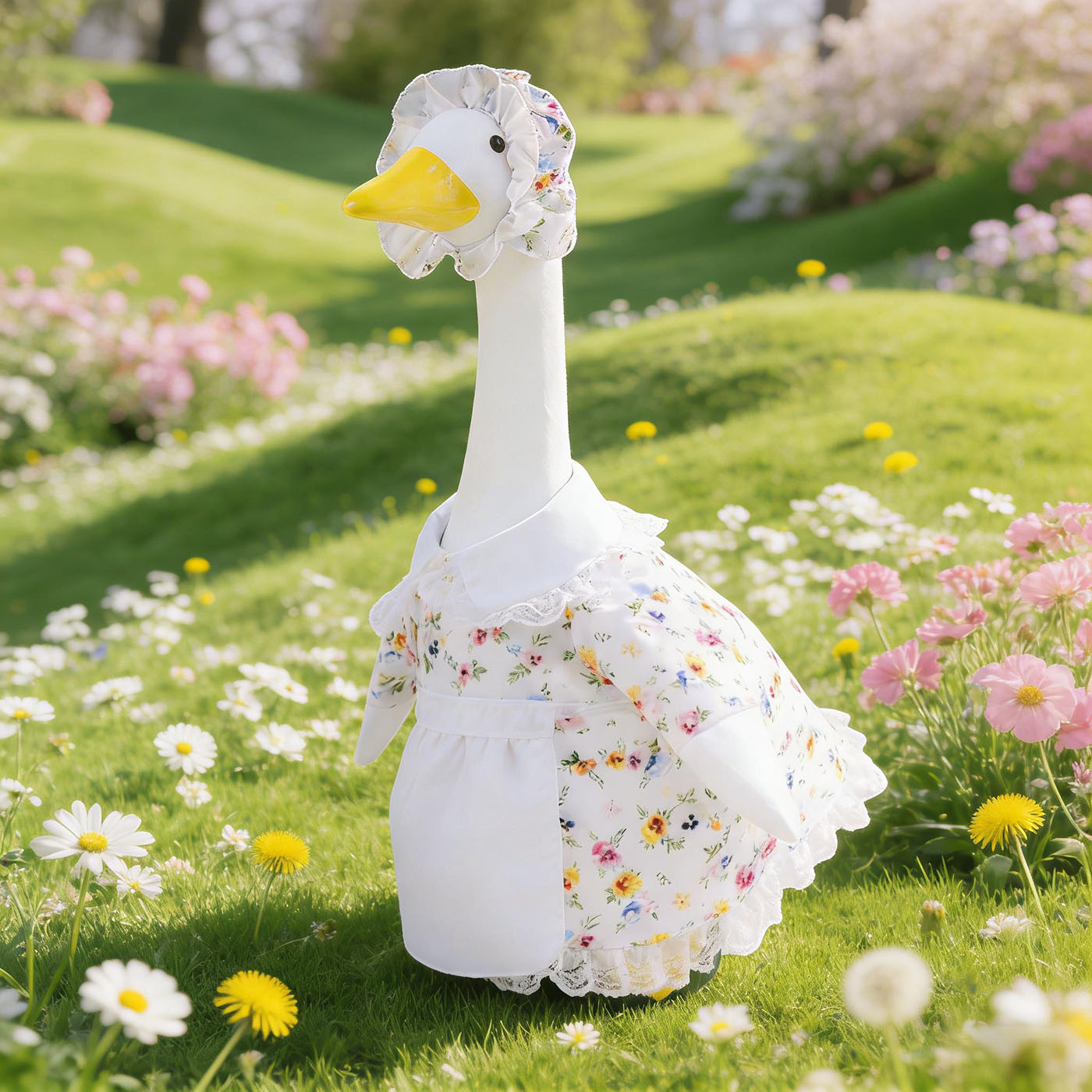 Spring Floral Porch Goose Outfit with Flower Hat and Skirt, Clothes for 23 Inch Cement or Plastic Goose Statue, Lawn Yard Garden Decoration 