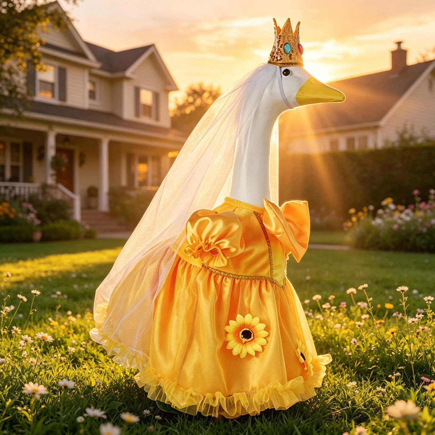 Princess Porch Goose Outfits for 23 inch Cement Statue Sunflower Goose Skirt with Crown Veil for Party Wedding Yard Garden Outdoor Decor 