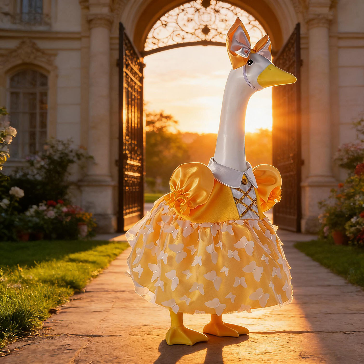 Porch Goose Summer Outfit for 23 inch Cement Statue Goose Costume with Butterfly Mesh Skirt for Summer Party Yard Garden Outdoor Decor 