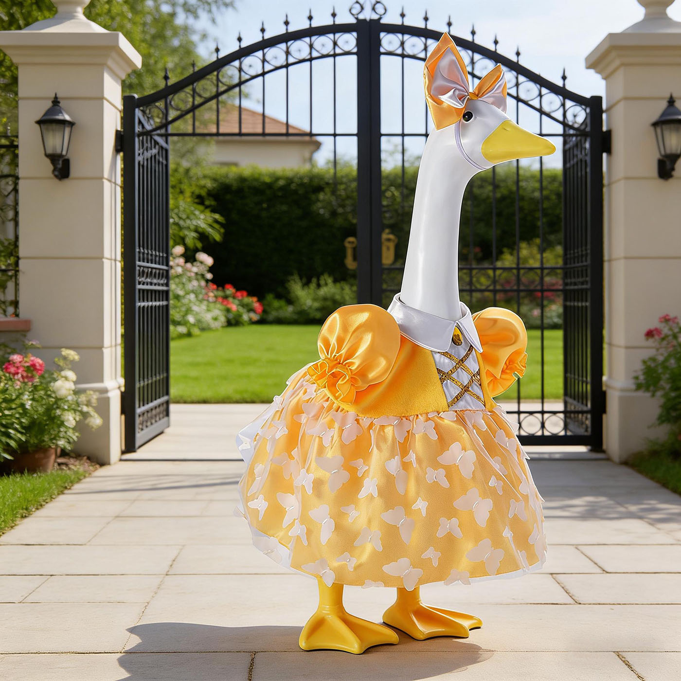 Porch Goose Summer Outfit for 23 inch Cement Statue Goose Costume with Butterfly Mesh Skirt for Summer Party Yard Garden Outdoor Decor 3