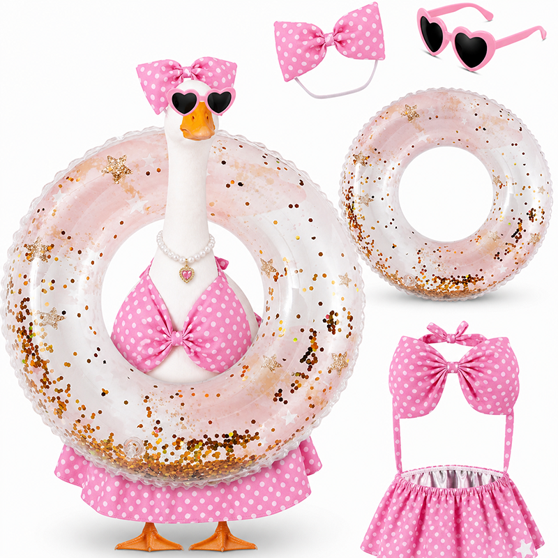 Pink Bikini Porch Goose Outfits for 23 inch Concrete Statue Summer Goose Clothes with Sunglasses Necklace Decorative Float Ring for Yard Lawn Garden Decor