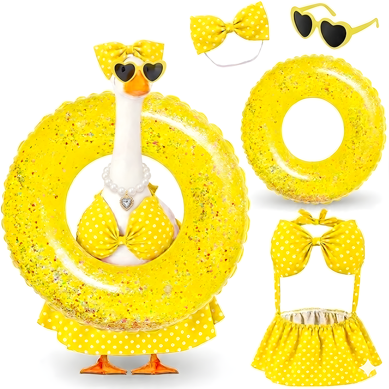 Bikini Porch Goose Outfits for 23 inch Concrete Statue Summer Goose Clothes with Sunglasses Necklace Decorative Float Ring for Yard Lawn Garden Decor