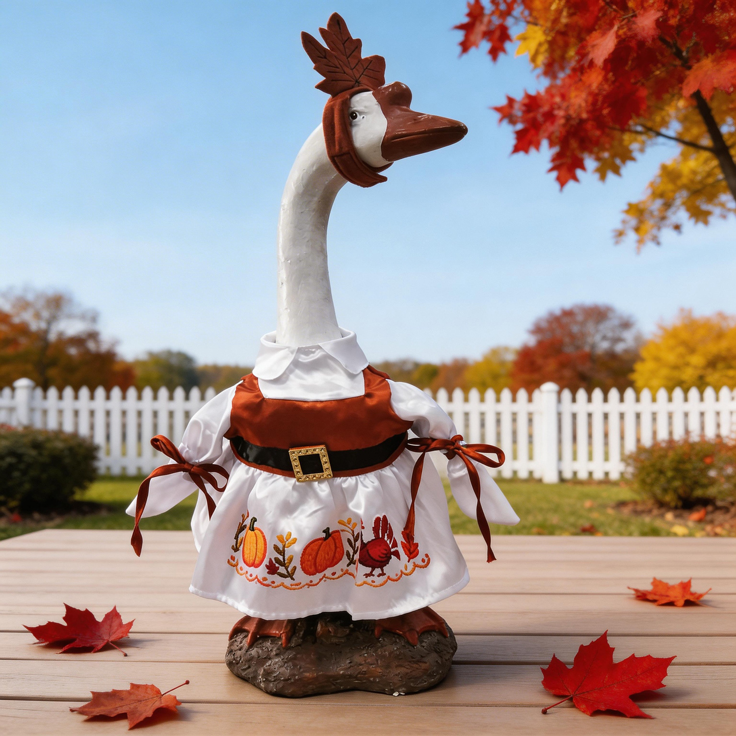 Thanksgiving Porch Goose Outfit for 23 Inch Lawn Statue Fall Goose Clothes with Turkey & Pumpkin Embroidered Dress Maple Leaf Headpiece for Yard Lawn Garden Decor