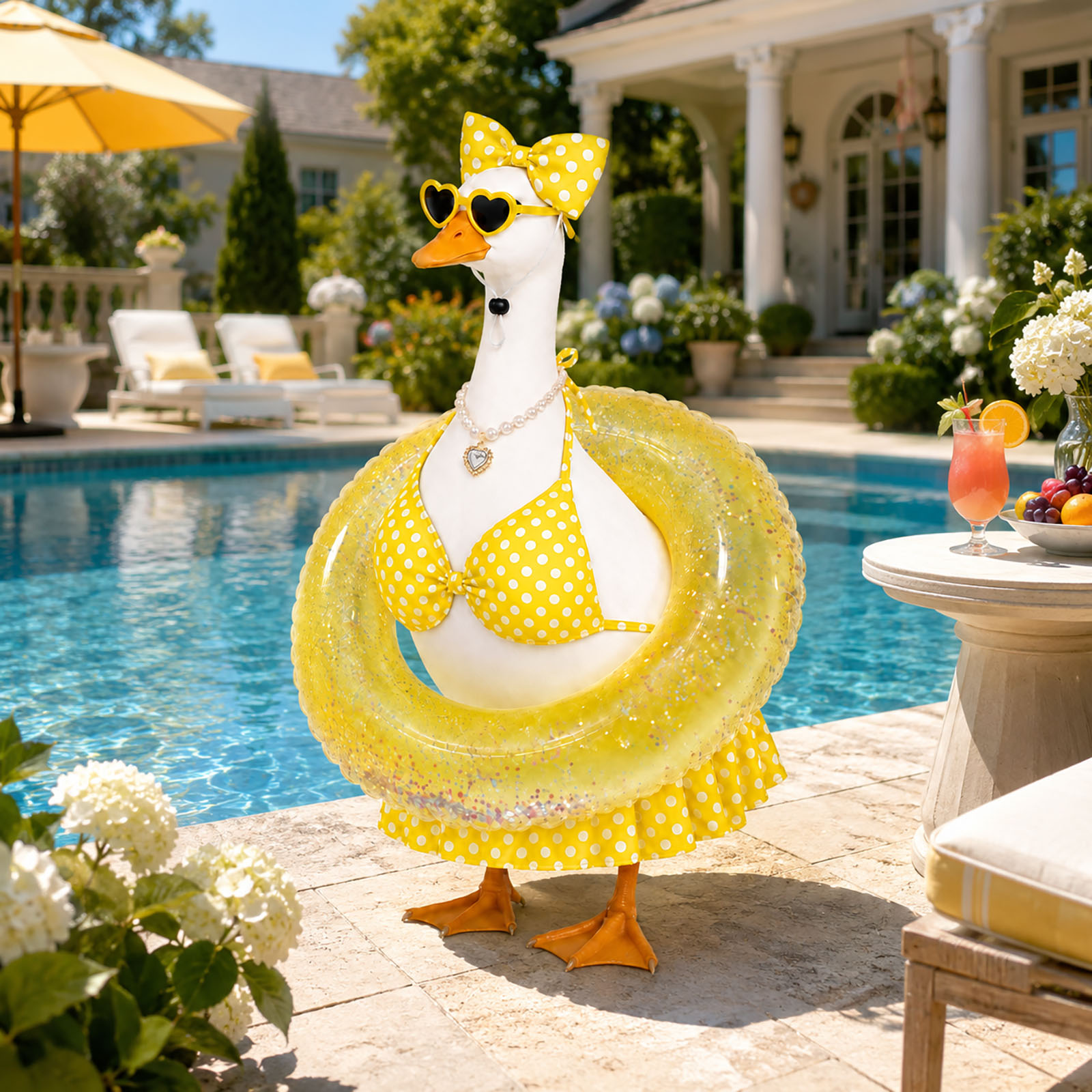 Bikini Porch Goose Outfits for 23 inch Concrete Statue Summer Goose Clothes with Sunglasses Necklace Decorative Float Ring for Yard Lawn Garden Decor 3