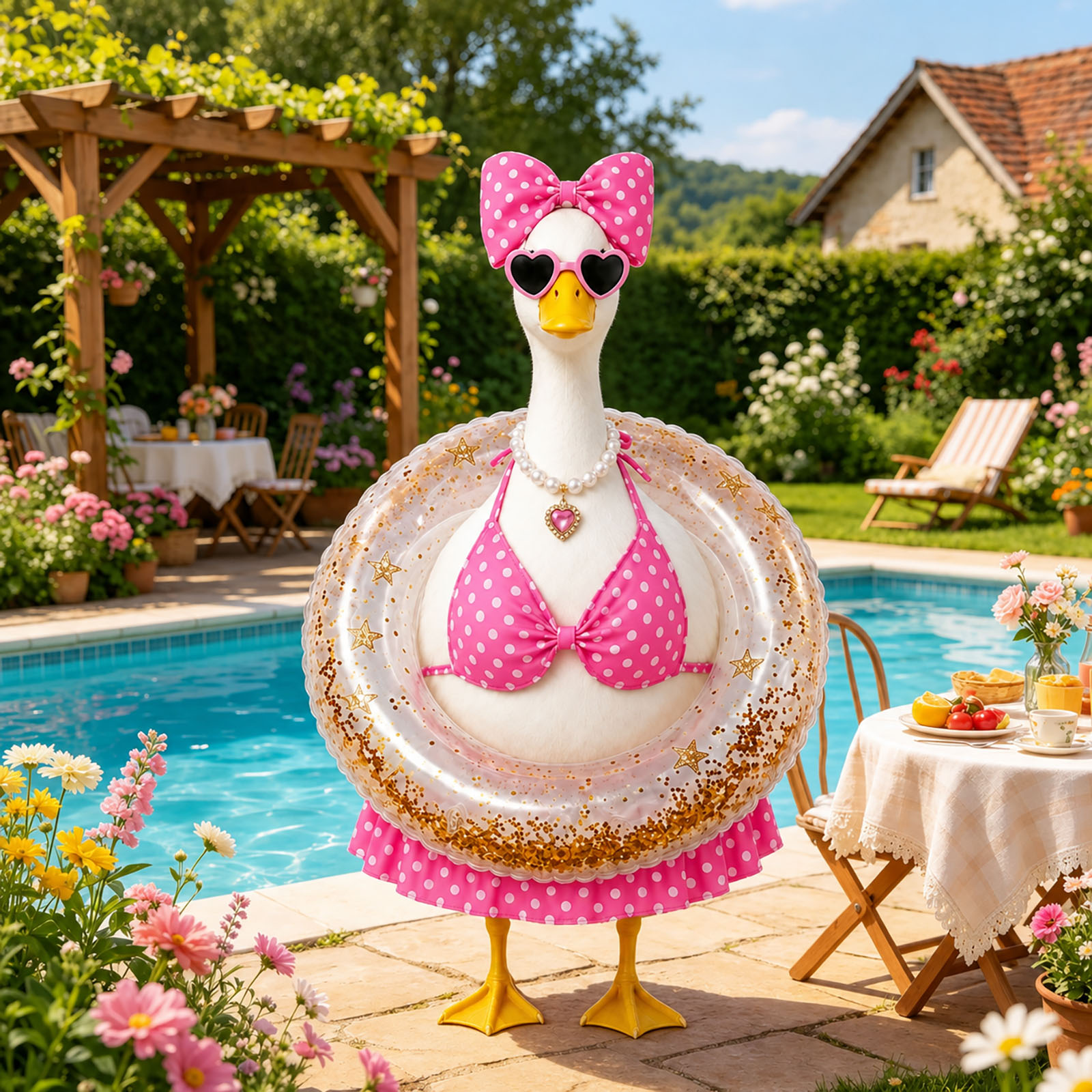 Pink Bikini Porch Goose Outfits for 23 inch Concrete Statue Summer Goose Clothes with Sunglasses Necklace Decorative Float Ring for Yard Lawn Garden Decor 4