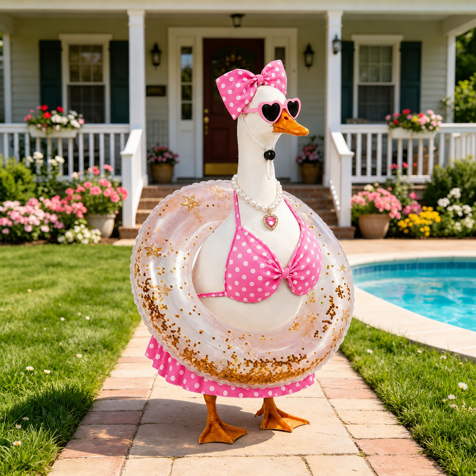 Pink Bikini Porch Goose Outfits for 23 inch Concrete Statue Summer Goose Clothes with Sunglasses Necklace Decorative Float Ring for Yard Lawn Garden Decor 3